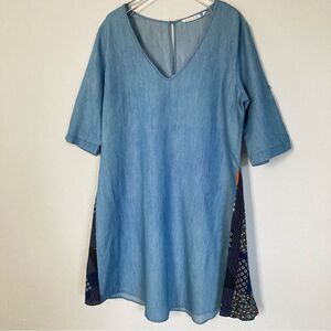 Given Kale Dress Tunic Large Lightweight Boho Print Accents‎ V Neck Lagenlook